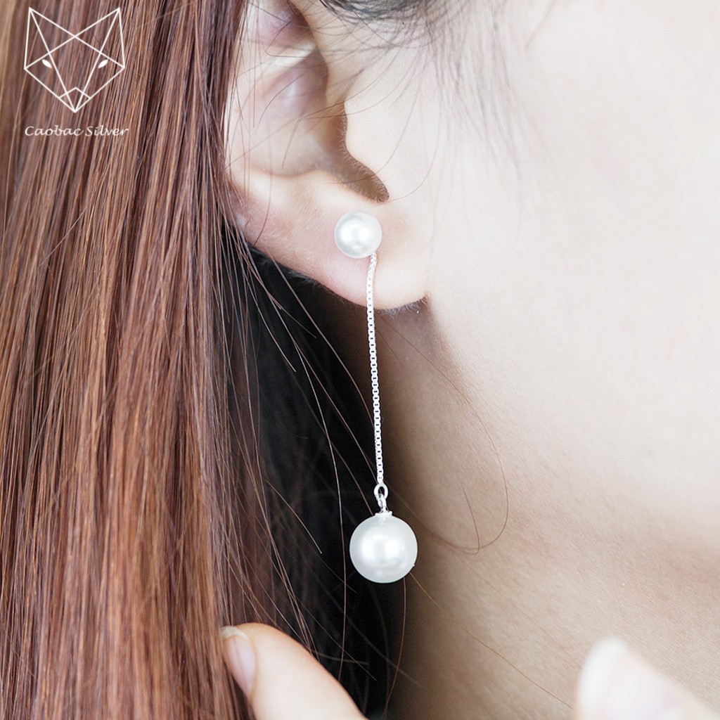 Khuyên Tai Bạc Nữ S925 CaoBac Silver Khuyên Sợi Dài Đính Ngọc Trai Nhân Tạo Sang Trọng - SKT02