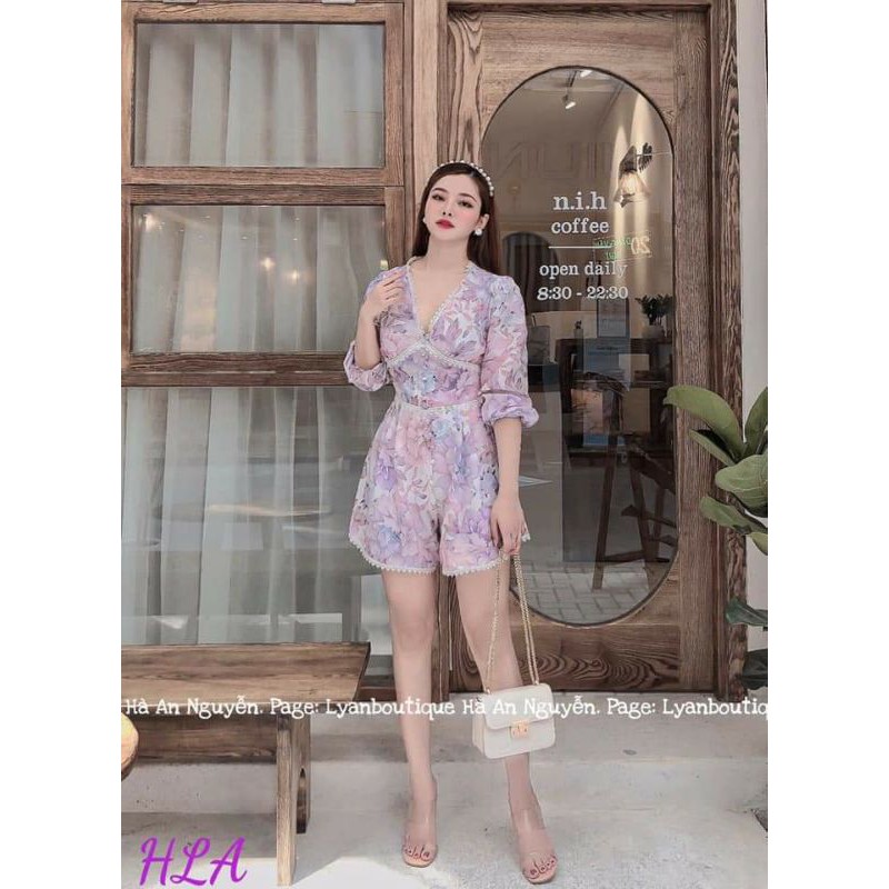 JumpSuit Hoa Viền Ren Kết Nút Cổ V ( có ảnh thật )