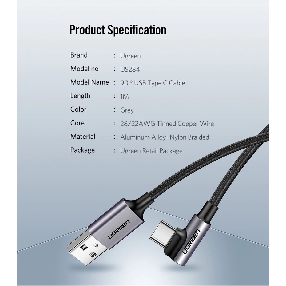 Cáp Sạc Nhanh USB C 3A QC 3.0 Đầu Vuông Góc Ugreen US284 - BH 18T Chính Hãng