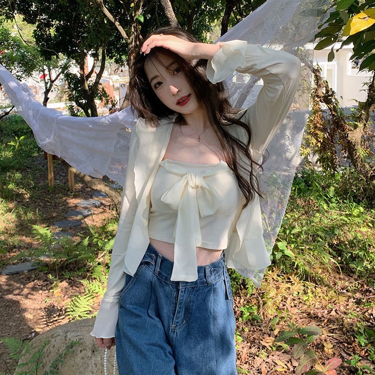 Jiashucheng Áo Hai Dây Thắt Nơ + Áo Khoác Cardigan Chống Nắng Ngọt Ngào Dễ Phối Đồ Phong Cách Nhật Bản