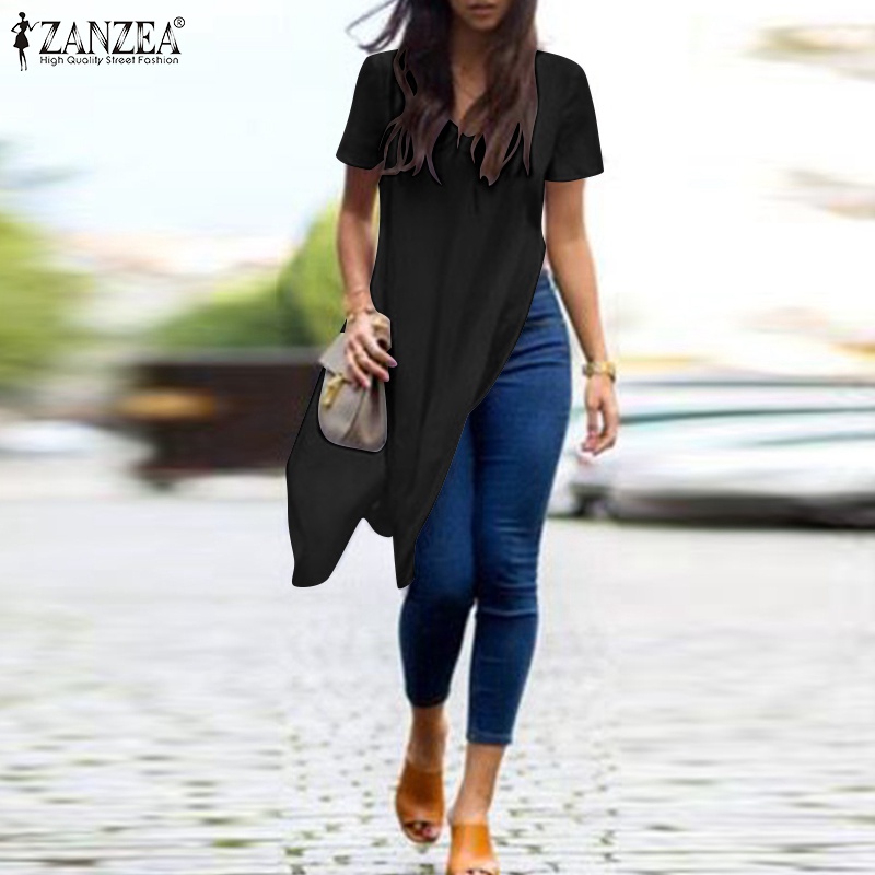 Áo thun Zanzea tay ngắn cổ tròn xẻ tà sành điệu dành cho nữ