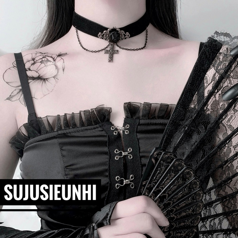 Vòng cổ choker hoa hồng vải nhung mặt chữ thập kèm chain phong cách gothic