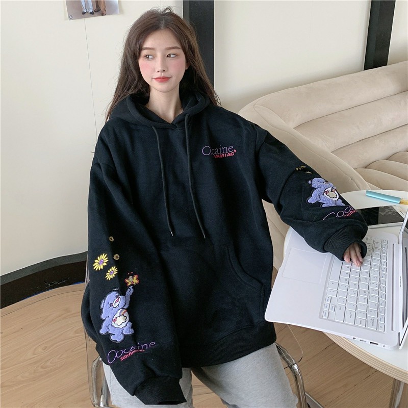 Áo hoodie nữ form rộng dài COCAINE đen, trắng vải nỉ in hình đẹp order quảng châu BST áo thu đông unisex Ulzzang 2020