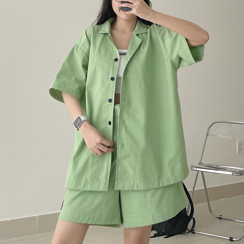 Set Bộ Nữ Đi Chơi JEM CLOSET Sơ Mi Tay Ngắn Phối Quần Short Ống Rộng Lưng Cao PRIM 8142