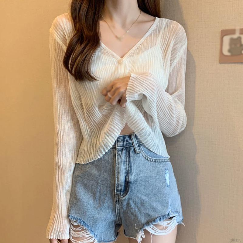 Áo Cardigan Dệt Kim Tay Dài Cổ Chữ V Màu Sắc Đơn Giản Phong Cách Hàn Quốc Thời Trang Mùa Hè Cho Nữ