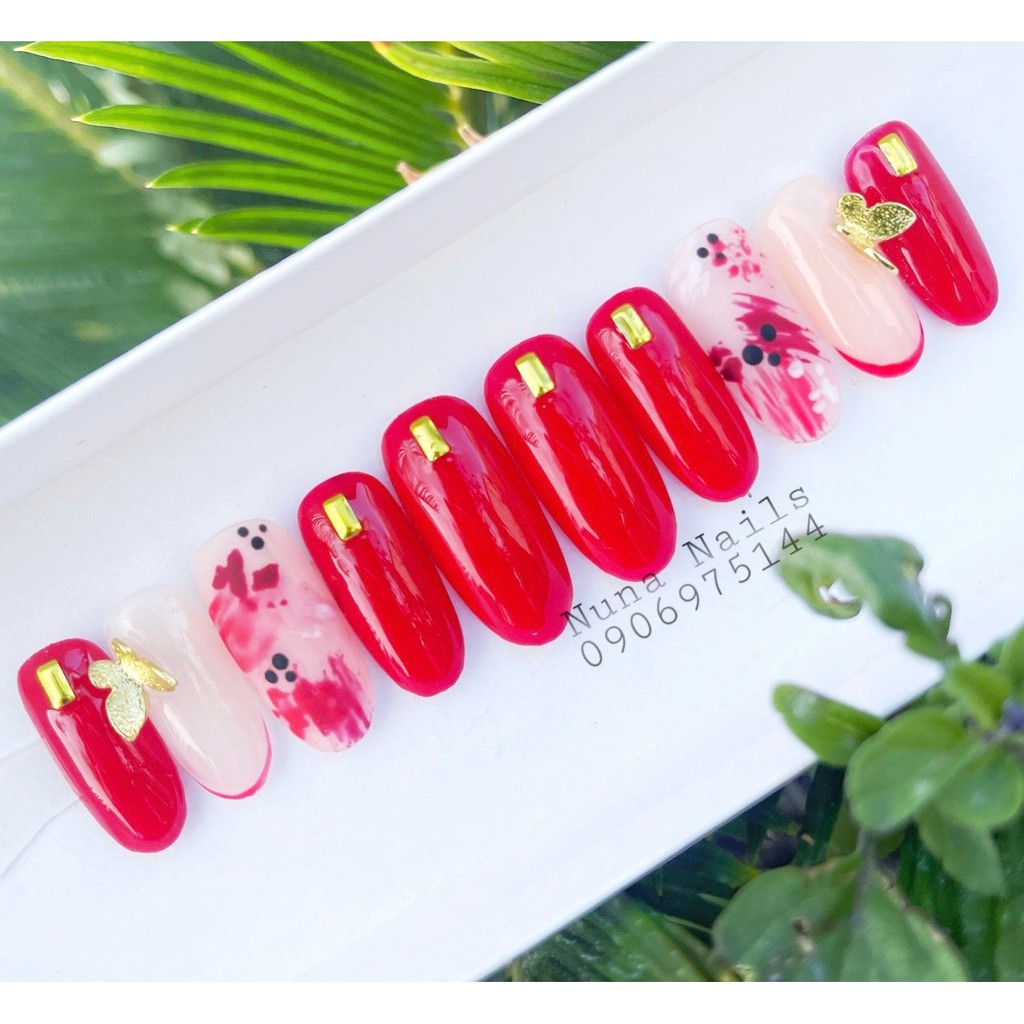 NAILBOX full phụ kiện  Móng up thiêt kế móng đỏ chứng tỏ thương anh  charm bướm vàng inbox chọn size và  shape