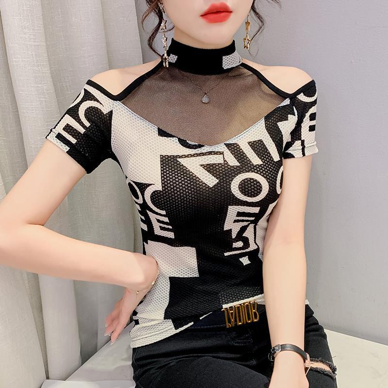 Áo Thun Tay Ngắn Hở Vai Phối Lưới In Chữ Thời Trang Cho Nữ