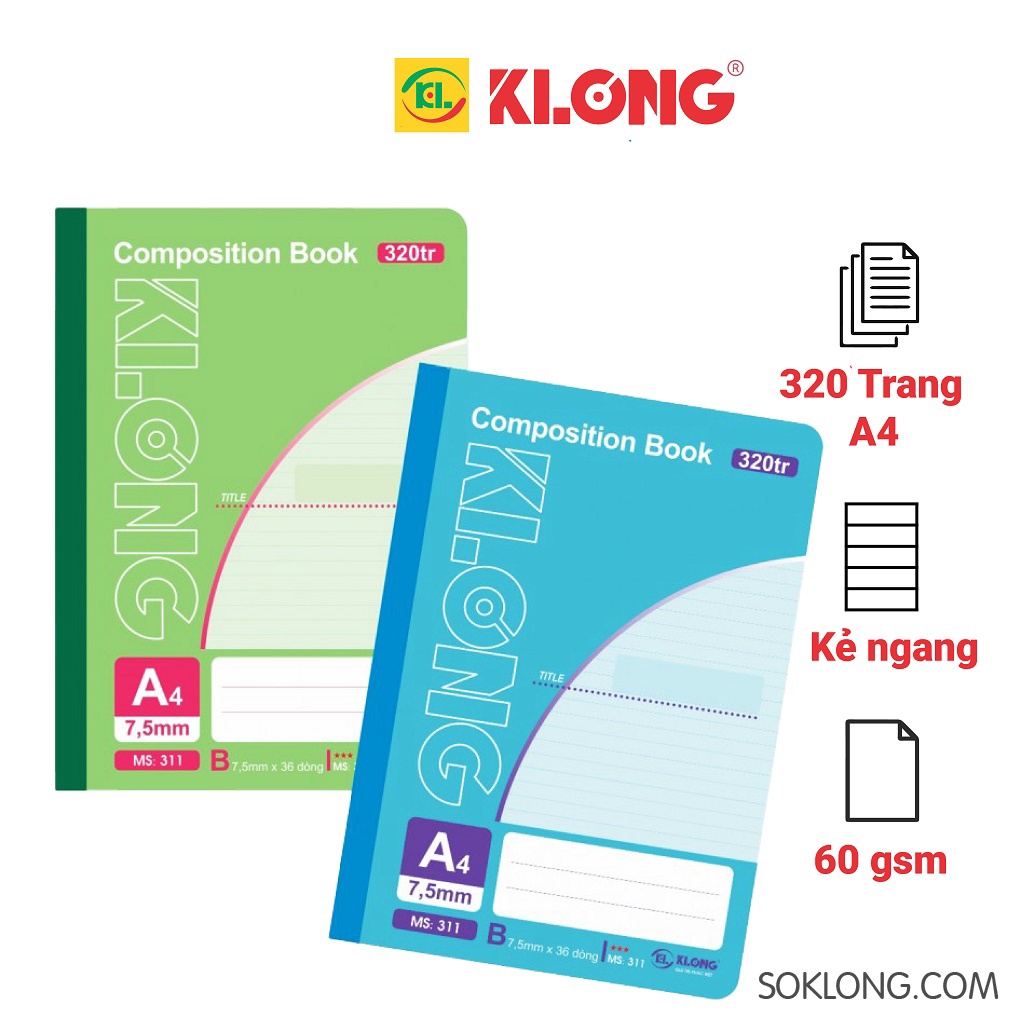 Vở may dán gáy A4 320 trang kẻ ngang MS 311 Compostion Book VPPKLONG, sổ Klong