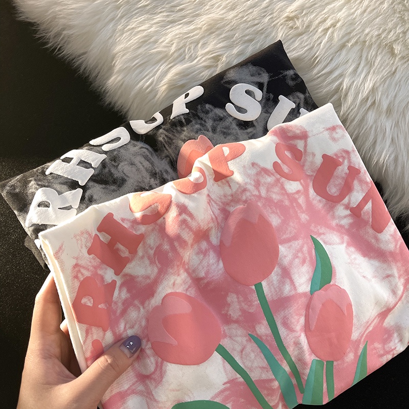 Áo thun ZHELIHANGFEI tay ngắn dáng rộng in hình hoa tulip dễ phối đồ hợp thời trang cho nữ