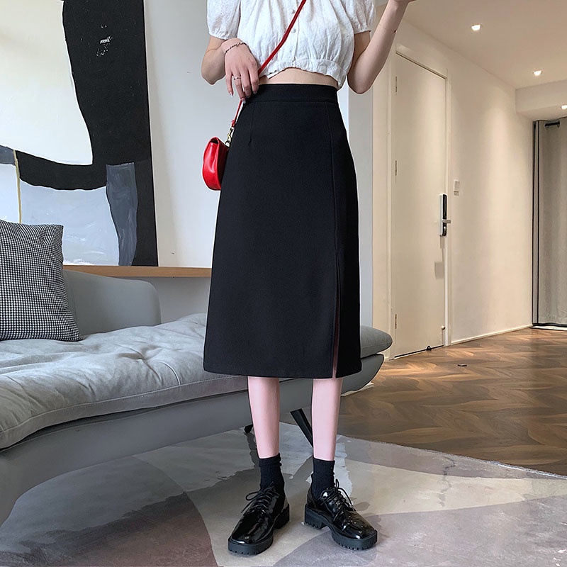 SUXI Chân váy midi lưng cao thiết kế chữ A cho nữ