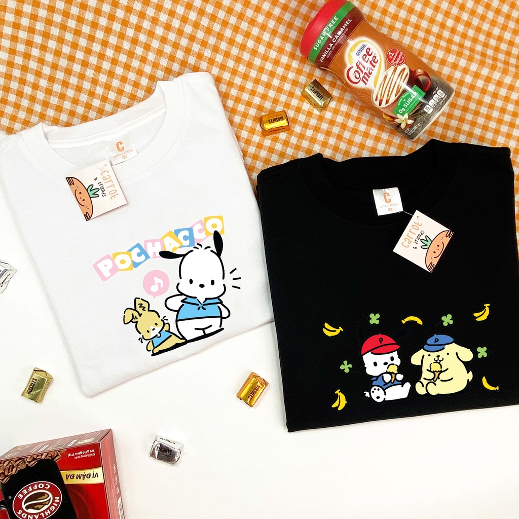 Áo thun unisex hoạt hình POCHACCO 100% cotton oversize tay lỡ form rộng