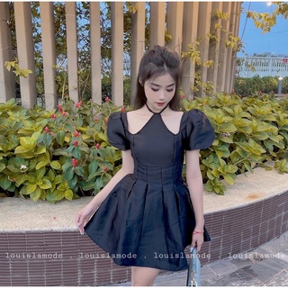 Váy Cổ Yếm Buộc Dây Tay Phồng Chiết Eo