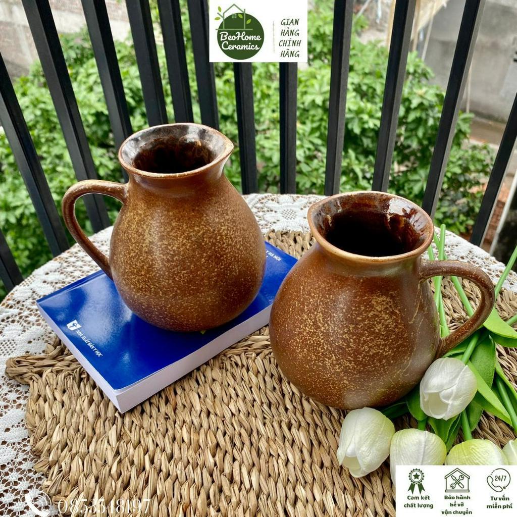 Bình Hoa Lọ Hoa Decor Bình Gốm Bát Tràng Lọ Cắm Hoa Dáng Ca sữa Tròn Men Mộc Phong Cách Vintage Cao 14cm