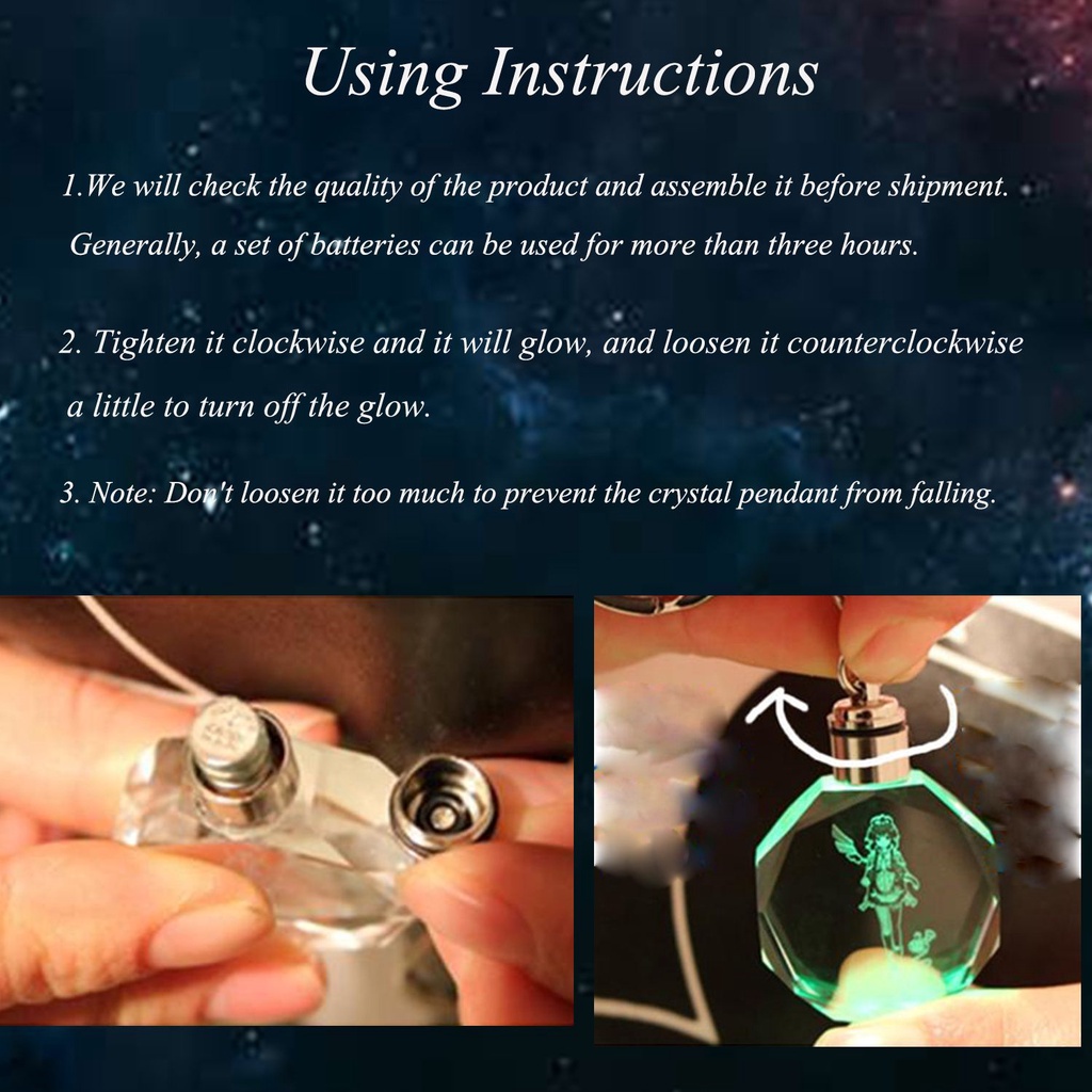 Móc khóa mặt pha lê LED hình Genshin Impact Wendy Klee Keqing QiQ có hộp quà