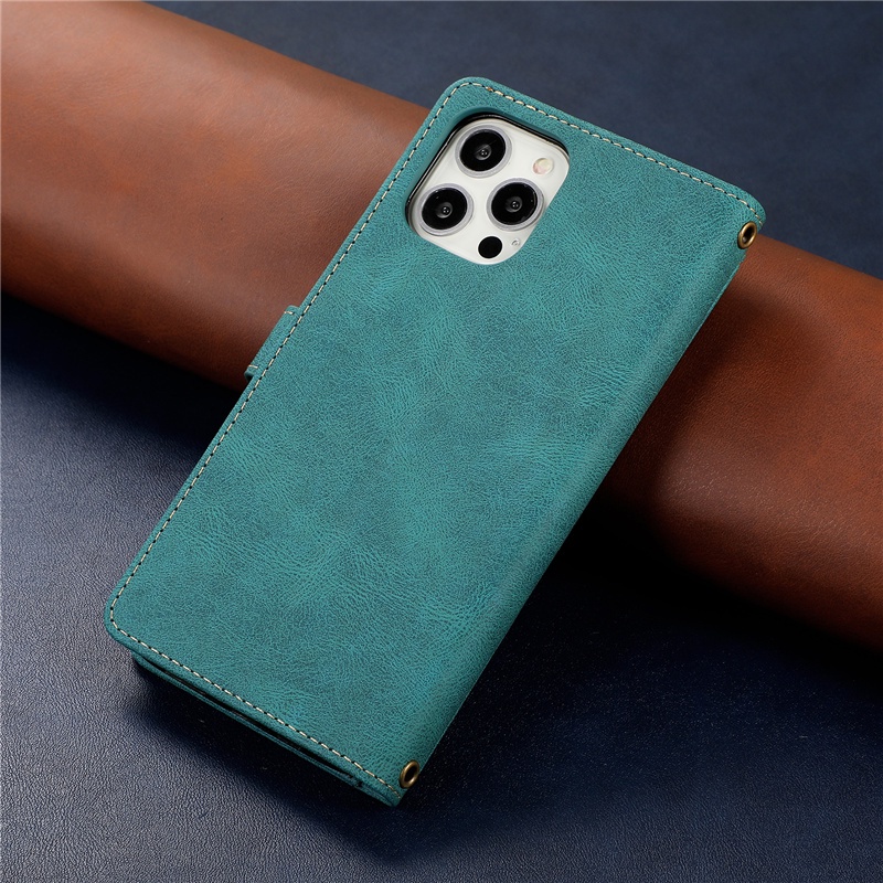 Bao da điện thoại nắp gập phối ví có 9 ngăn đựng thẻ và dây đeo cho For Apple Iphone 11 Pro Max X Xs Max Xr 6 6s 7 8 Plus