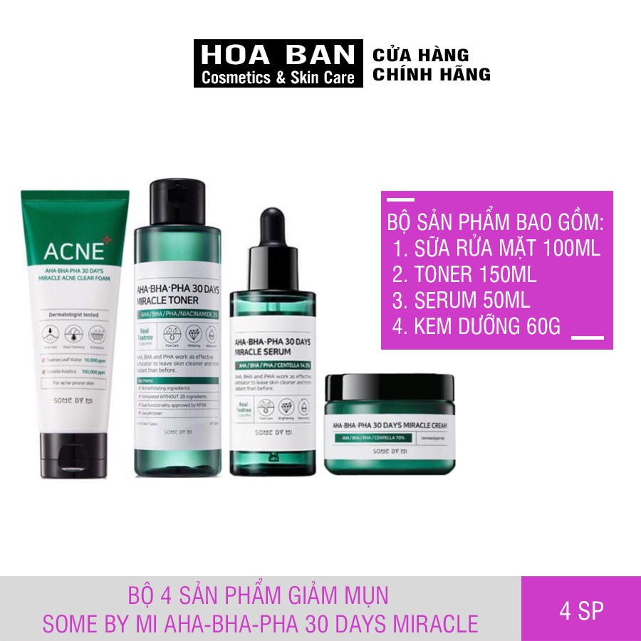 Bộ 4 Sản Phẩm Dưỡng Giảm Mụn Some By Mi AHA- BHA-PHA 30 Days Miracle (SRM 100ml Toner 150ml Serum 50ml Cream 60ml)