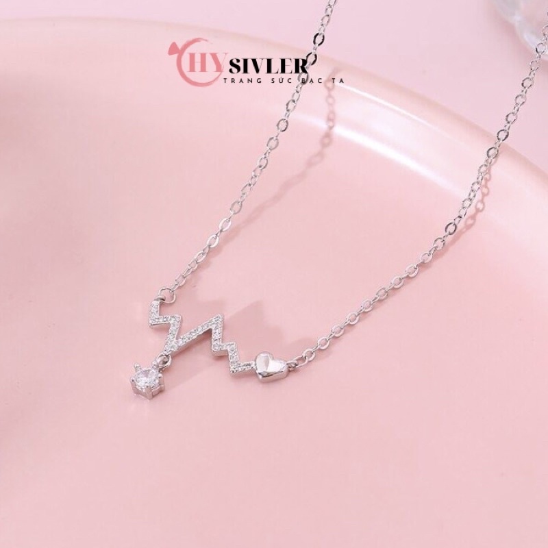 Dây chuyền bạc ta nhịp tim nạm đá loại 1 mặt dày dặn vòng cổ nữ bạc thật giá rẻ