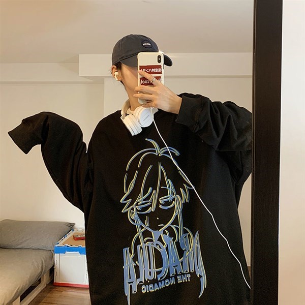 Áo Sweater Cổ Tròn Lót Nhung Dáng Rộng In Họa Tiết Hoạt Hình Thời Trang Cho Nam Size M-5XL