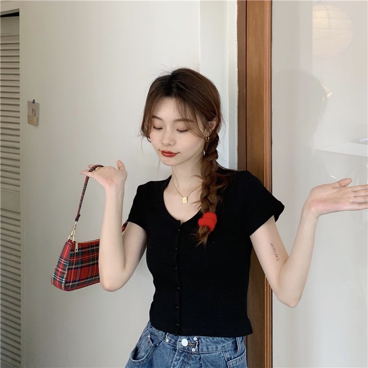Áo croptop nữ 6 cúc bấm - croptop cổ tròn tay ngắn 2021