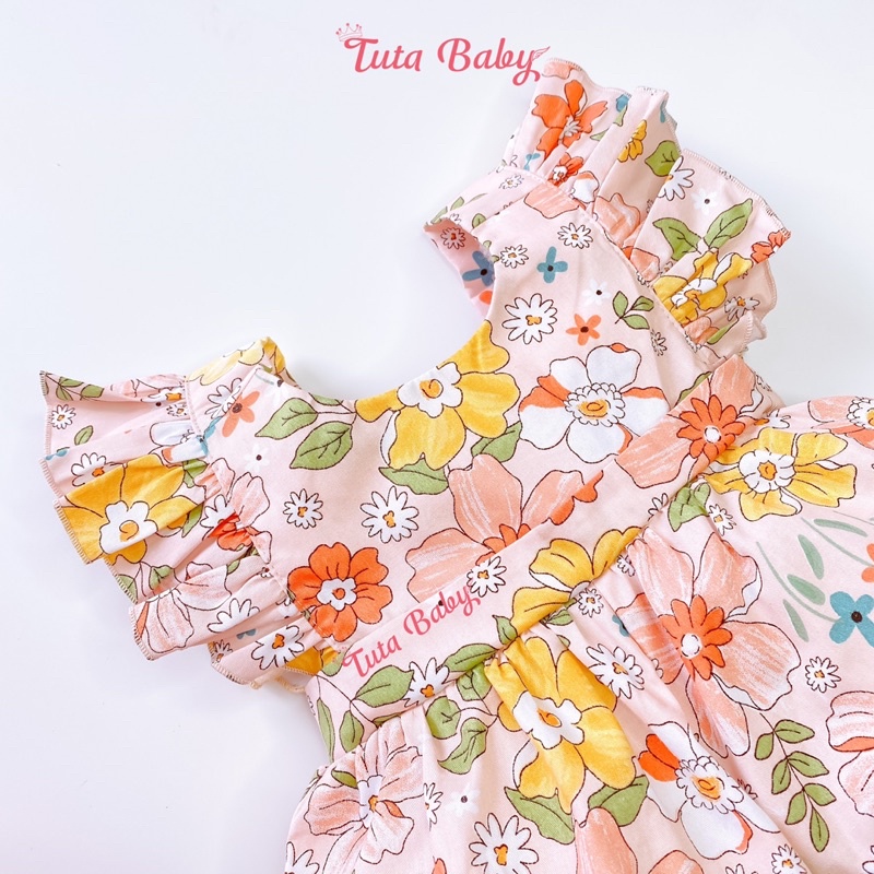 Jumsuit Cho Bé Gái Liền Thân Hoa Thô Lụa Cho Trẻ Em Từ 1 Đến 6 Tuổi Kèm Turban FREESHIP, Body Bé Gái Thiết Kế TUTA Baby