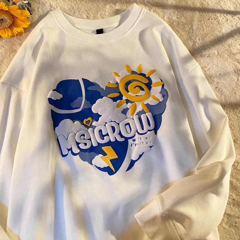 【ZHELIHANGFEI】Áo Thun Nỉ Tay Dài Dáng Rộng In Hình Trái Tim Dễ Phối Đồ