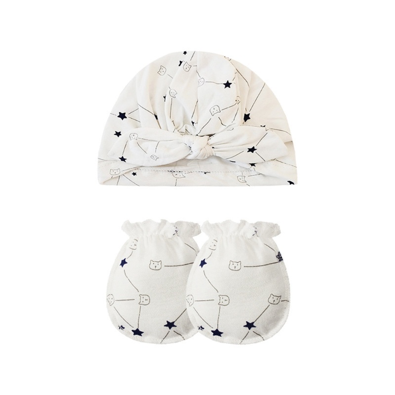 Bộ Găng Tay + Mũ + Găng Tay Cotton Thắt Nút Chống Trầy Xước Cho Bé Sơ Sinh
