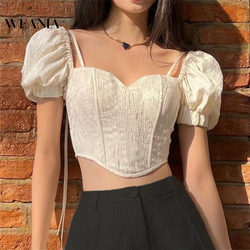 Áo Croptop Tay Phồng Cổ Vuông Xinh Xắn Dành Cho Nữ