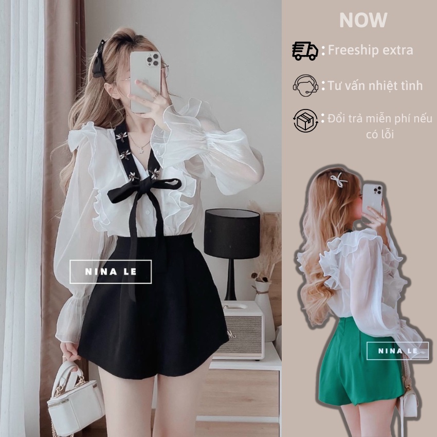 set bộ áo bèo vai tay dài cột dây nơ ngực họa tiết con ong kèm quần cho nàng tự tin dạo phố
