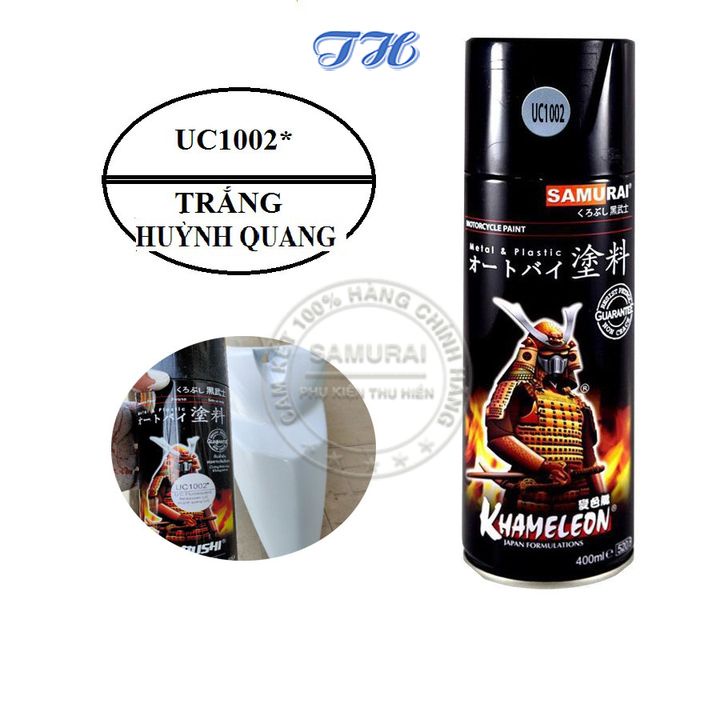 Sơn Xịt Samurai chuyên dùng cho xe máy màu nền trắng huỳnh quang  UC1002 chống cháy, chống rạn nứt, vòi xịt chống chảy