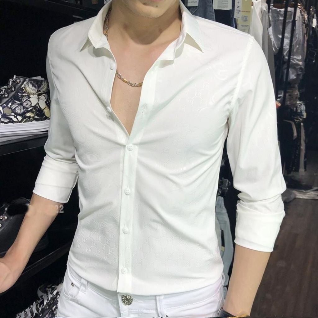 Áo Sơ Mi Nam Chất Lụa Dài Tay DR21RITA Họa Tiết Trắng Dâp Guca  MS 36