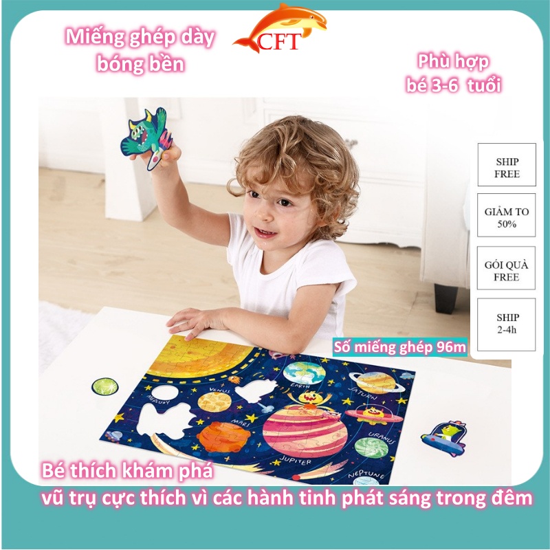 Xếp hình cho bé từ 3 tuổi có DẠ QUANG phát sáng trong đêm bộ ghép hình puzzle 2 mẫu hành tinh và ô tô