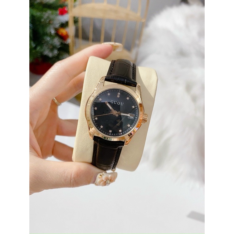 Đồng hồ nữ đeo tay dây da Guou viền mạ vàng chính hãng chống nước tuyệt đối | BigBuy360 - bigbuy360.vn