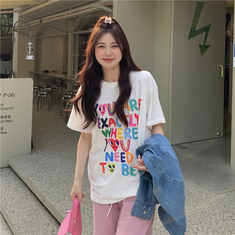 SUXI Women's Summer Letter Print Round Neck White Loose Short Sleeve T-shirt