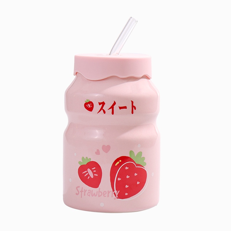 Cốc sứ cao cấp dễ thương 500ml Bình nước ,Cốc sứ có nắp kèm dâu tây Phim hoạt hình trái cây công suất lớn cốc rơm