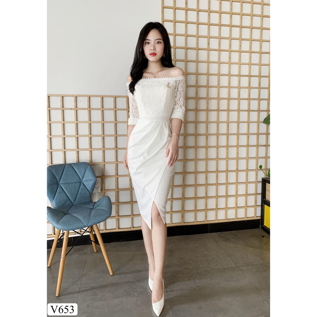 Váy body ren trễ vai V653 - Đẹp Shop DVC (Kèm ảnh thật trải sàn do shop tự chụp) | BigBuy360 - bigbuy360.vn
