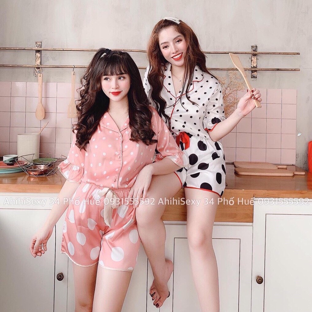 Bộ ngủ lụa chấm bi tay cộc quần đùi nopi shop | BigBuy360 - bigbuy360.vn