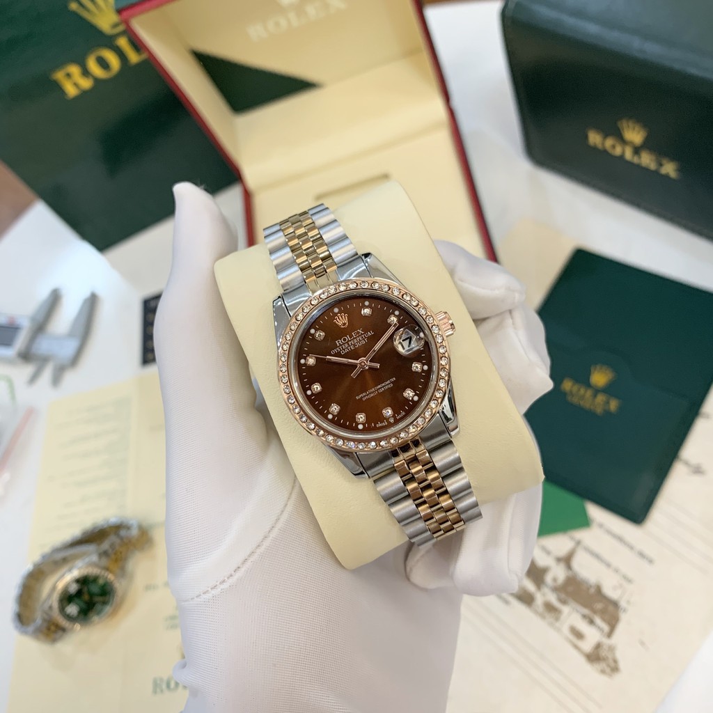 Đồng hồ nữ Rolex mặt tròn đính đá sang trọng dây kim loại bảo hành 12 tháng DHN603 Shop404