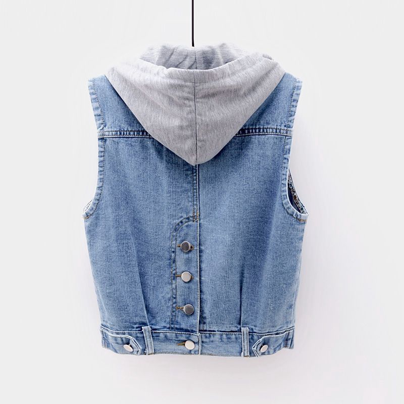 Áo khoác jean denim sát nách ngắn có nón mỏng dáng rộng đa năng thời trang xuân thu mới cho nữ 5XL