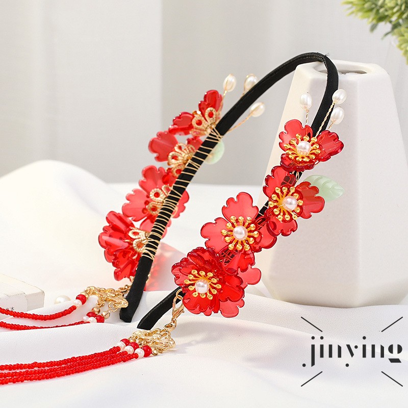 GETNOIVAS ❤S Wind Chinese Style Red Flowers Shape Hair Band Handmade Antique Hanfu Long Tassel Pendant Hanfu Retro Hair Decoration