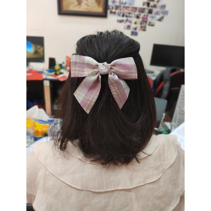 B415 Kẹp tóc nơ kẻ xinh xắn dành cho bạn gái