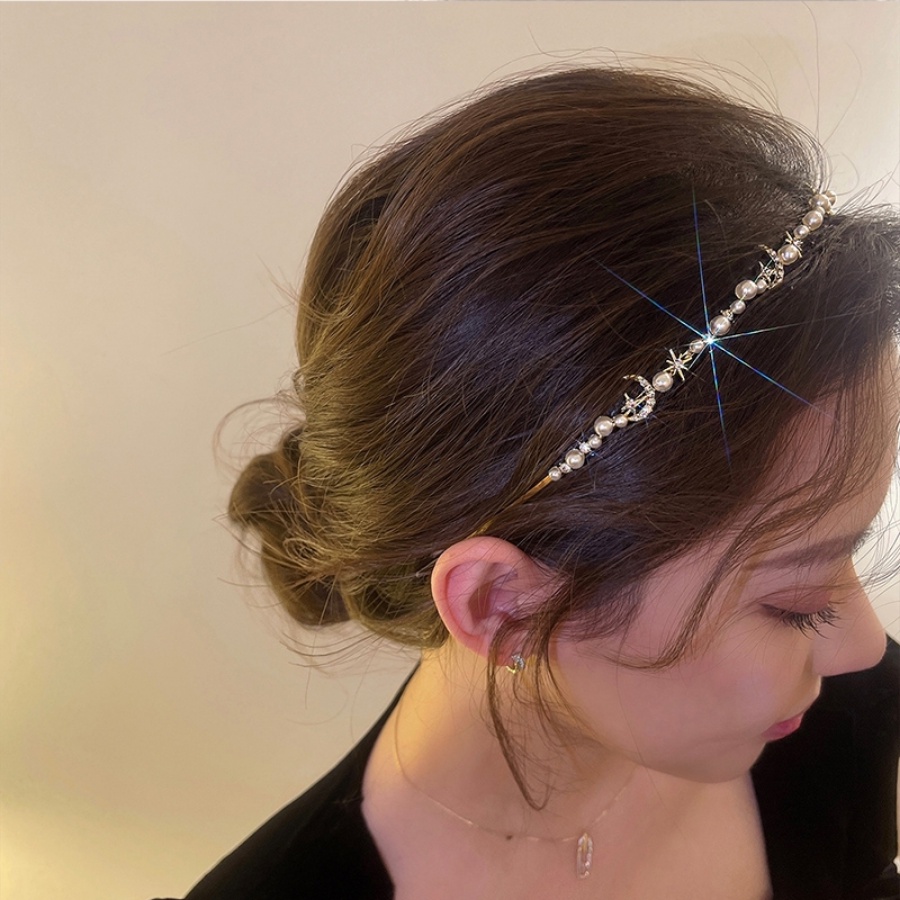 Băng Đô Cài Tóc Bằng Hợp Kim Mỏng Đính Đá &amp; Ngọc Trai Phong Cách Hàn Quốc Cho Nữ