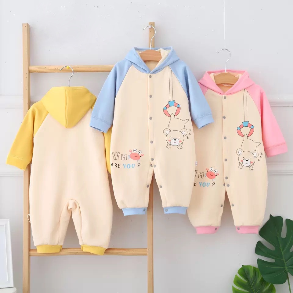 Body nỉ nhung kèm mũ hàng Quảng Châu cao cấp bodysuit liền thân nhung ấm cho bé trai bé gái