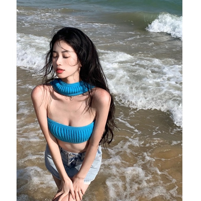 QADCOL  Áo Dệt Kim Không Tay Hở Lưng Ôm Dáng Thời Trang Cho Nữ