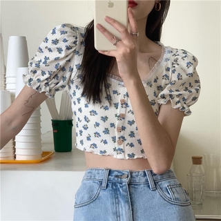 Retro Floral Pattern Short Sleeve Croptop Top