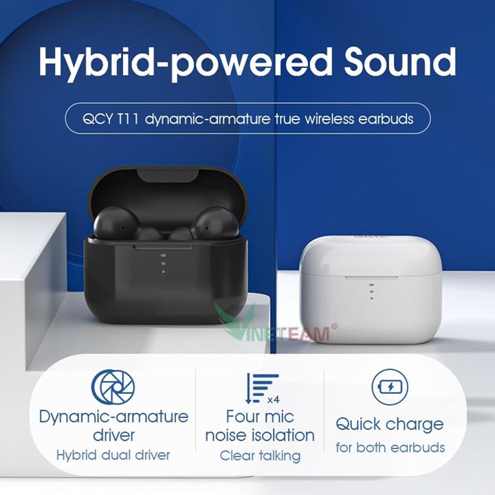 Tai nghe Bluetooth QCY T11 - 4 micro siêu đàm thoại - Bluetooth 5.0 TWS True Wireless - chống nước, mồ hôi IPX5 -dc4478