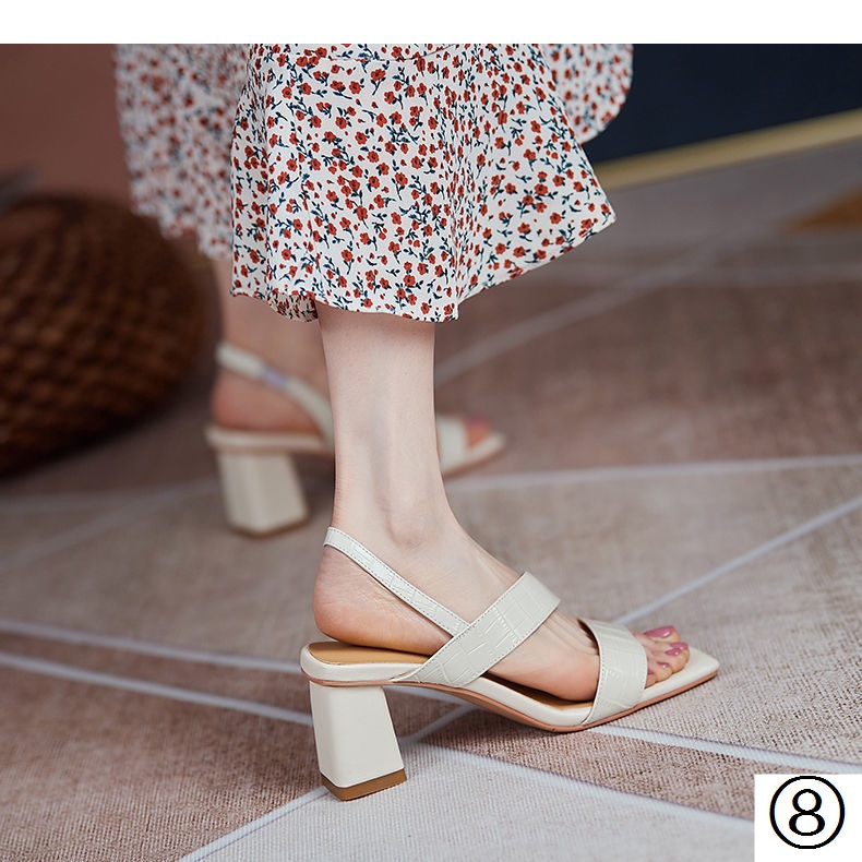 Giày Sandal Cao Gót Mũi Vuông Bằng Da Mềm Thời Trang Mùa Hè 2022 Cho Nữ