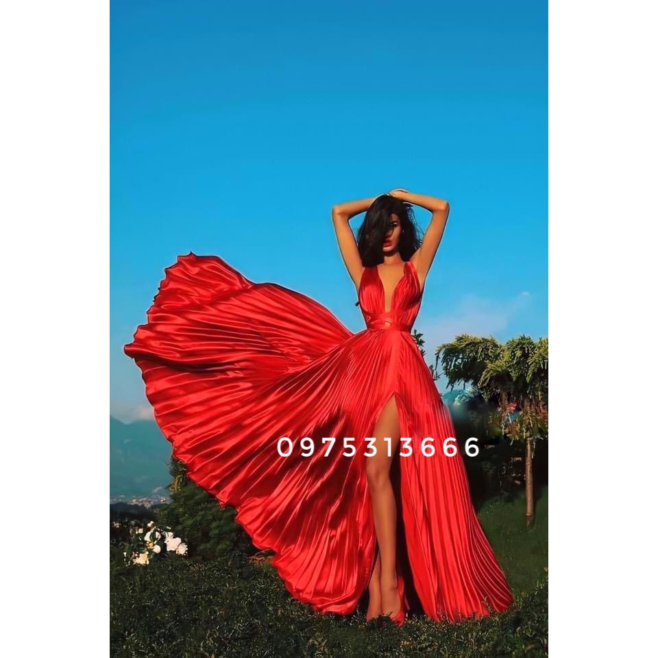 Đầm Maxi Đi Biển, Váy Maxi Dập Ly V688, Chất Thun Lụa Mềm, Co Dãn, Mầu Đỏ, Xanh, Vàng Cho Dáng Dài Miên Man