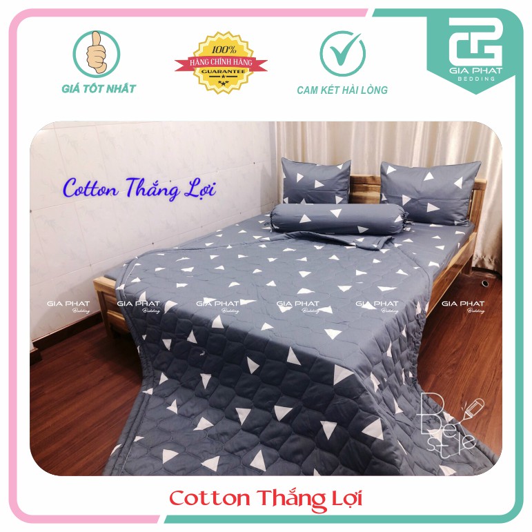 Bộ ga gối Thắng lợi cotton 100% hàng chuẩn có in logo mẫu tam giác xám