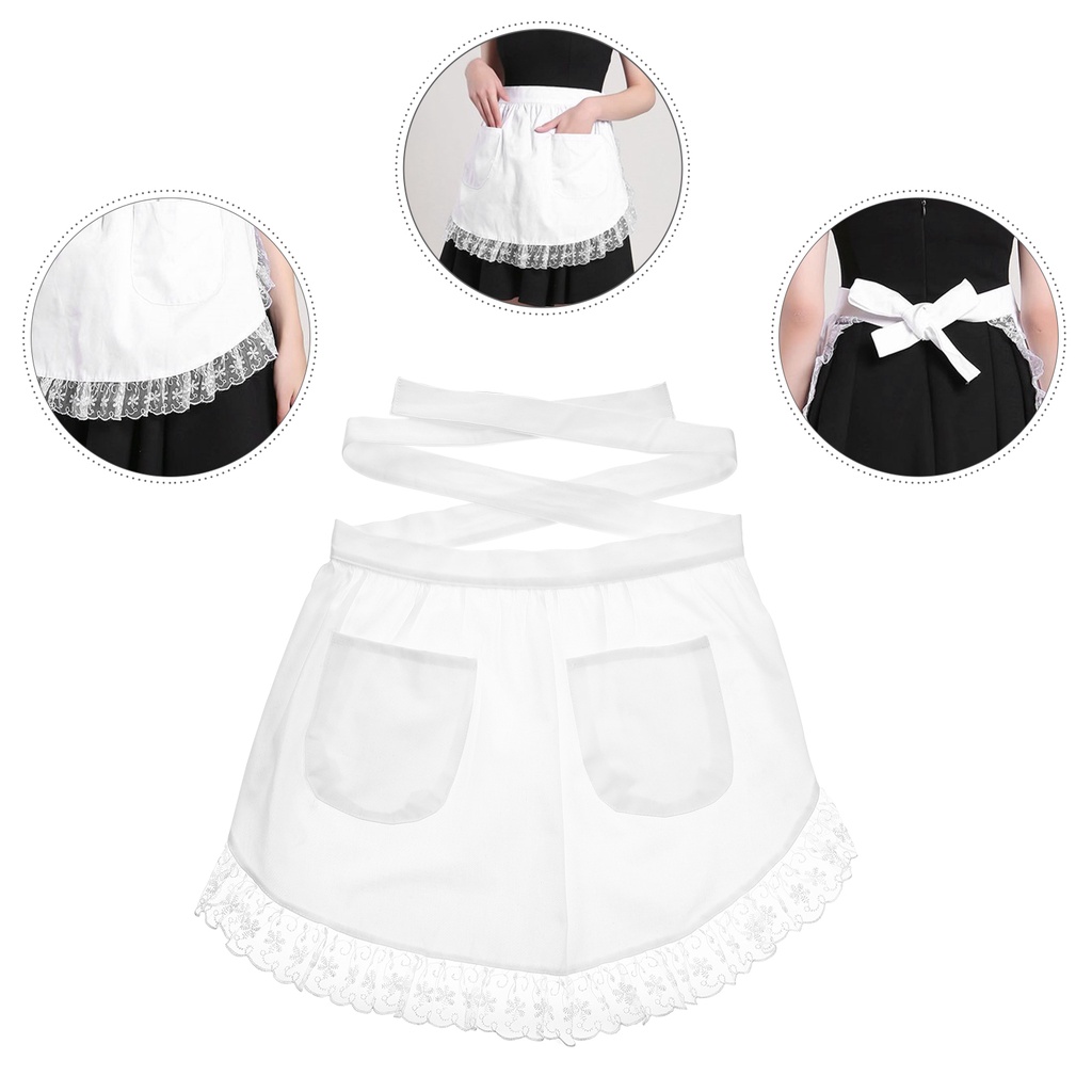 Tạp Dề Cotton Ngắn Phối Ren Có Túi Dành Cho Nữ
