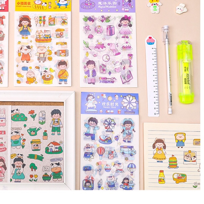 Set 4 Tấm Sticker Dán Trang Trí Sổ Tay Diy Hình Cô Gái Hoạt Hình Dễ Thương